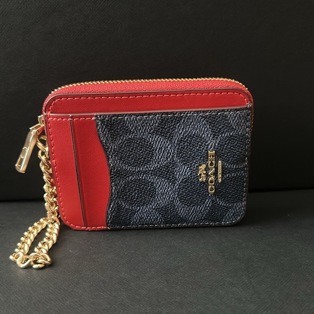 NWT COACH ZIP CARD CASE IN SIGNATURE CANVAS IN DENIM/BOLD RED - Picture 3 of 6